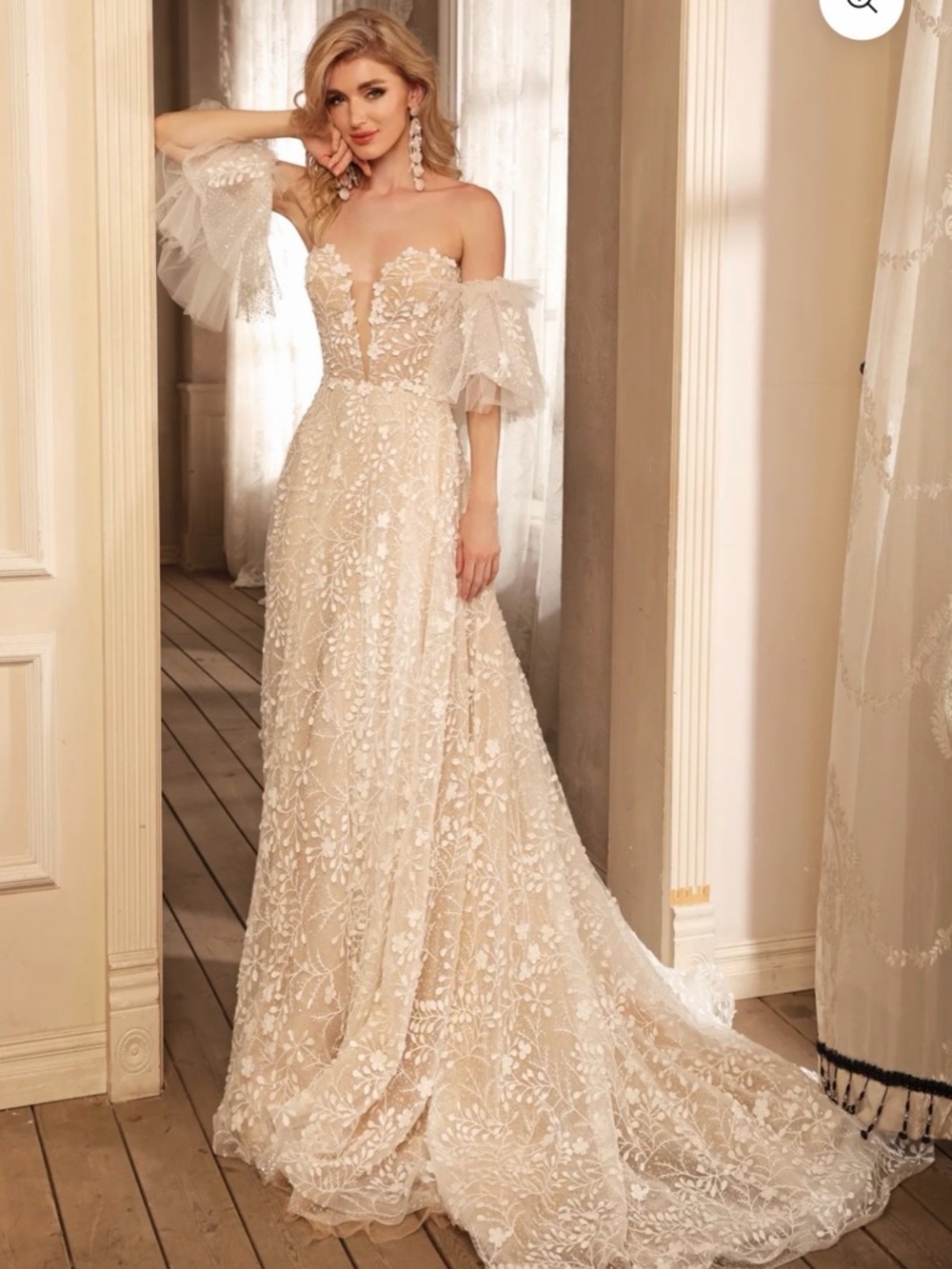 Juno - Romantic Off-Shoulder Lace Wedding Gown in Champagne